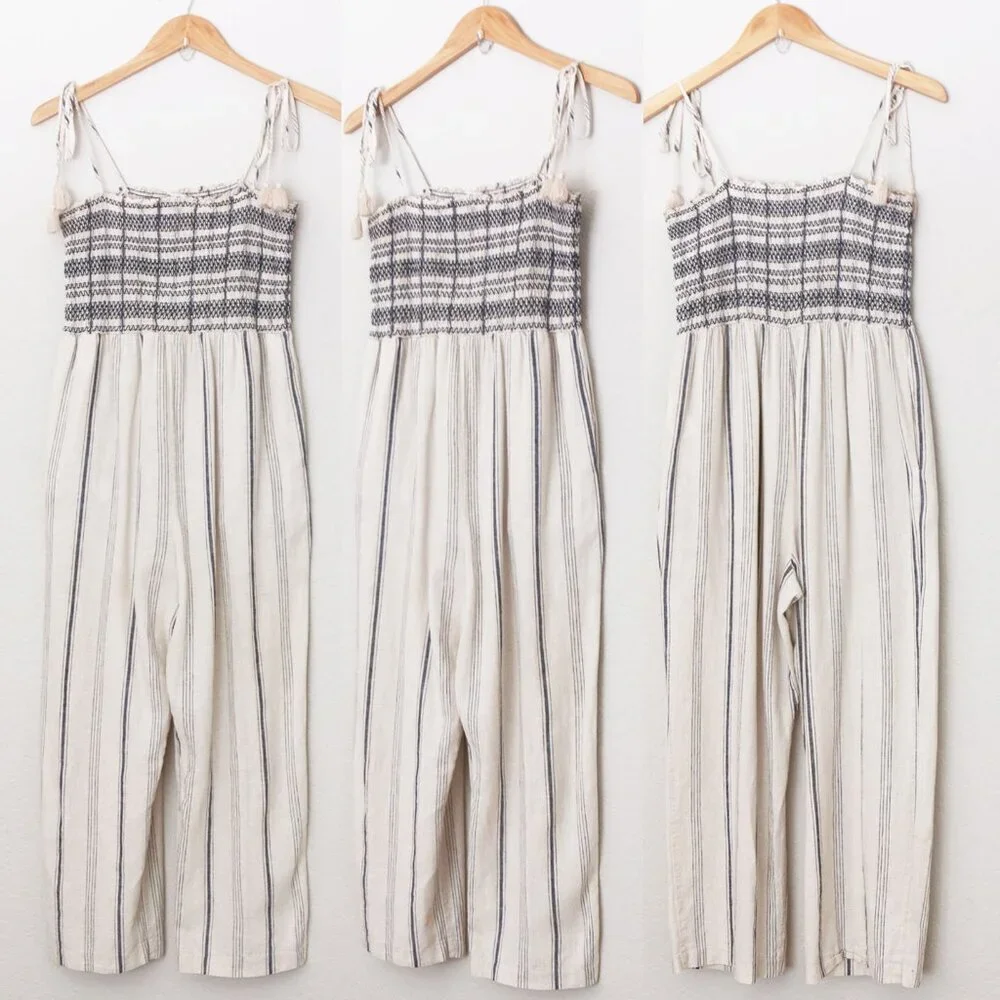 Madewell Striped Smocked Cami Jumpsuit S Cotton Linen Blend Tassel Strap Tie$138